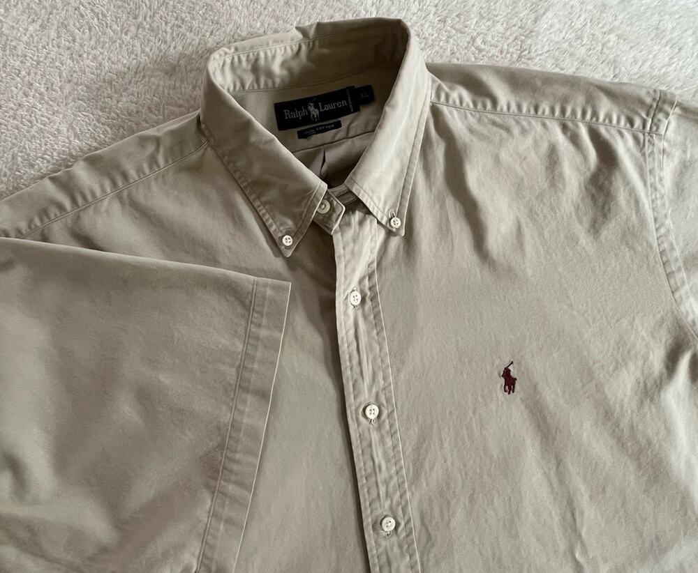 Vintage 90s Ralph Lauren Short Sleeve Khaki Oxford Shirt Mens XL Safari OCBD